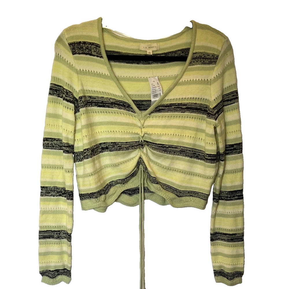 LA Hearts Green Black Happy Stripe Cropped Scalloped Sweater Wmns Large NWT